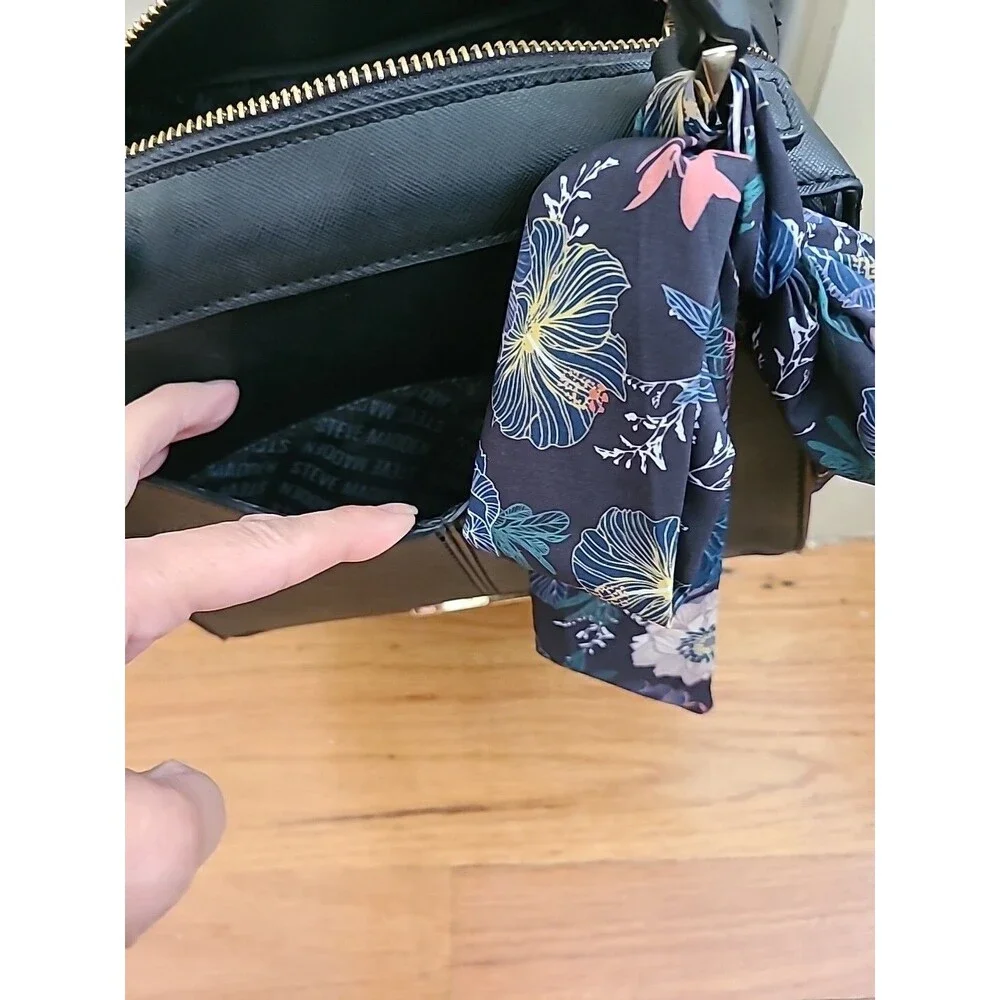 Steve Madden satchel crossbody bag Black Ribbon Gold zipper pockets - Picture 6 of 16